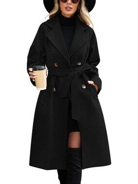Women's Black Polyester Mid length Autumn Elegant Double Breasted Long Pea Coat